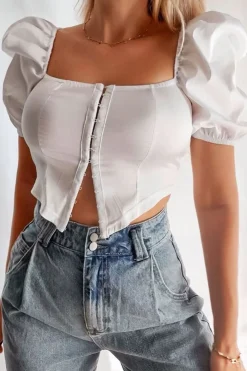 Rebellious Fashion White Corset Satin Hook and Eye Crop Top - Andreia