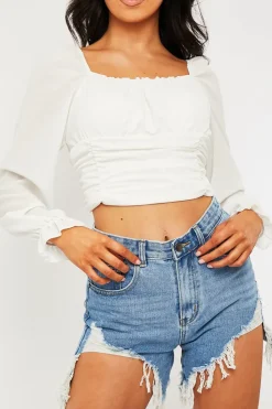 Rebellious Fashion White Crepe Ruched Panel Crop Top - Laurie