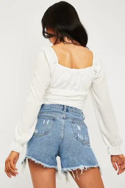 Rebellious Fashion White Crepe Ruched Panel Crop Top - Laurie