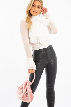 Rebellious Fashion White Crepe Ruffle High Neck Shirt - Honey