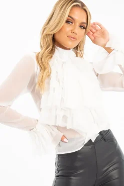 Rebellious Fashion White Crepe Ruffle High Neck Shirt - Honey