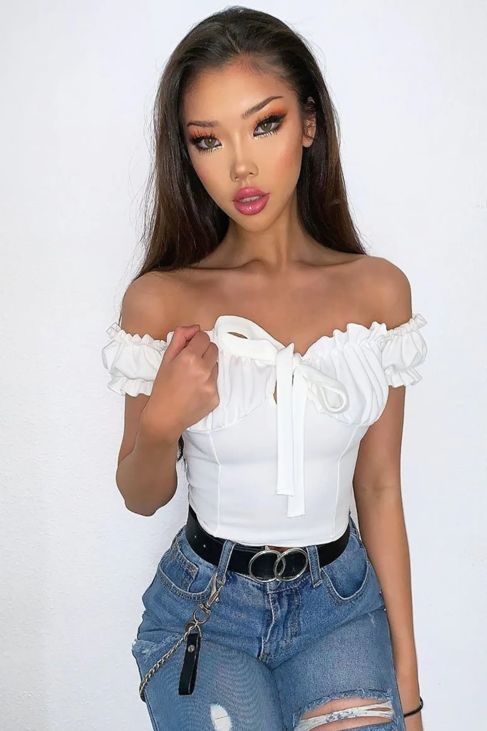 Rebellious Fashion White Crepe Ruffle Tie Front Bardot Bodysuit - Trixie