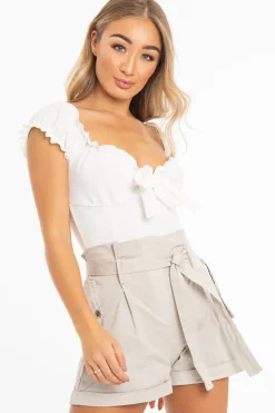Rebellious Fashion White Crepe Ruffle Tie Front Bardot Bodysuit - Trixie