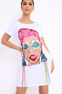 Rebellious Fashion White Crew Neck Girls Face T-shirt Dress with Tassels - Sway