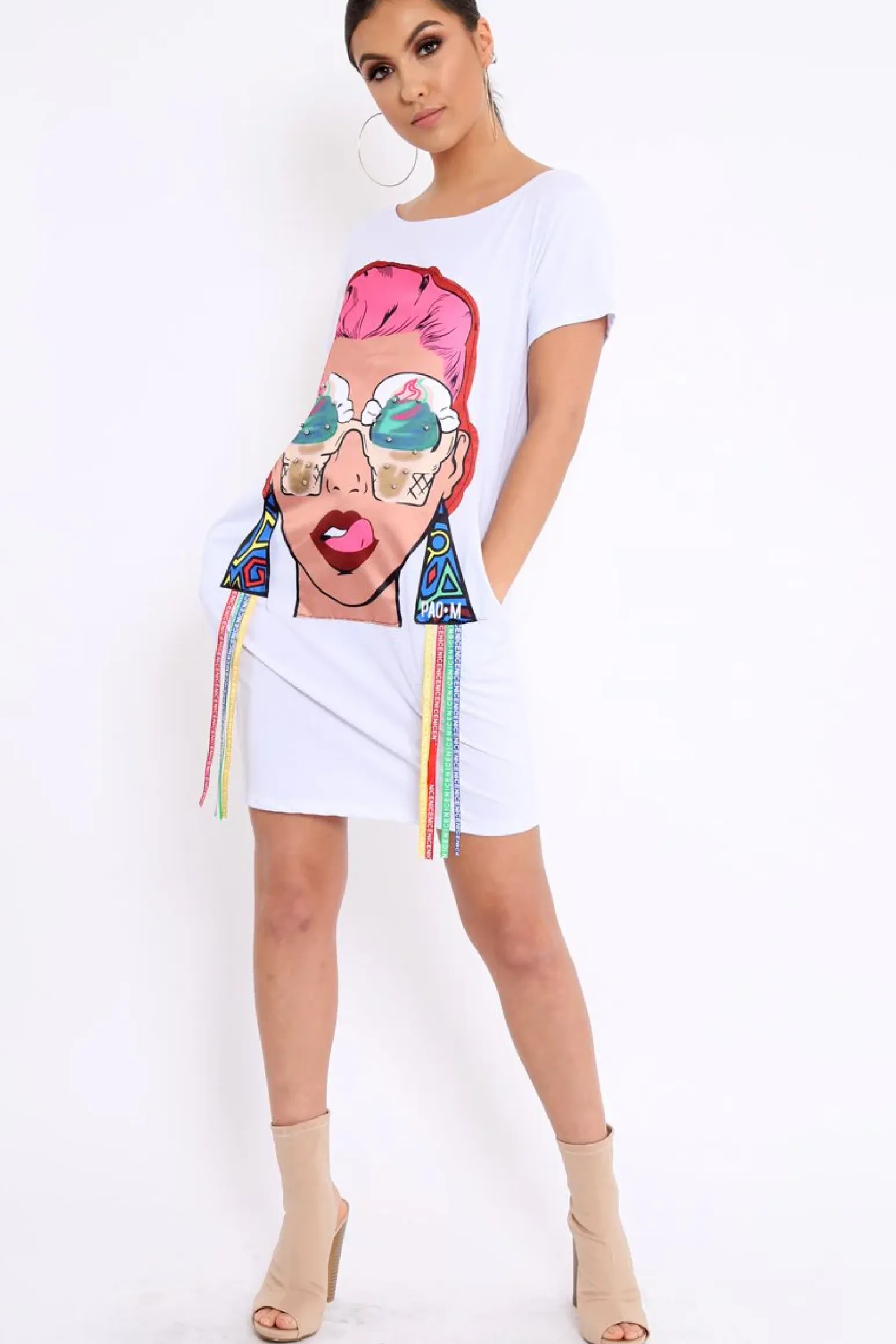 Rebellious Fashion White Crew Neck Girls Face T-shirt Dress with Tassels - Sway