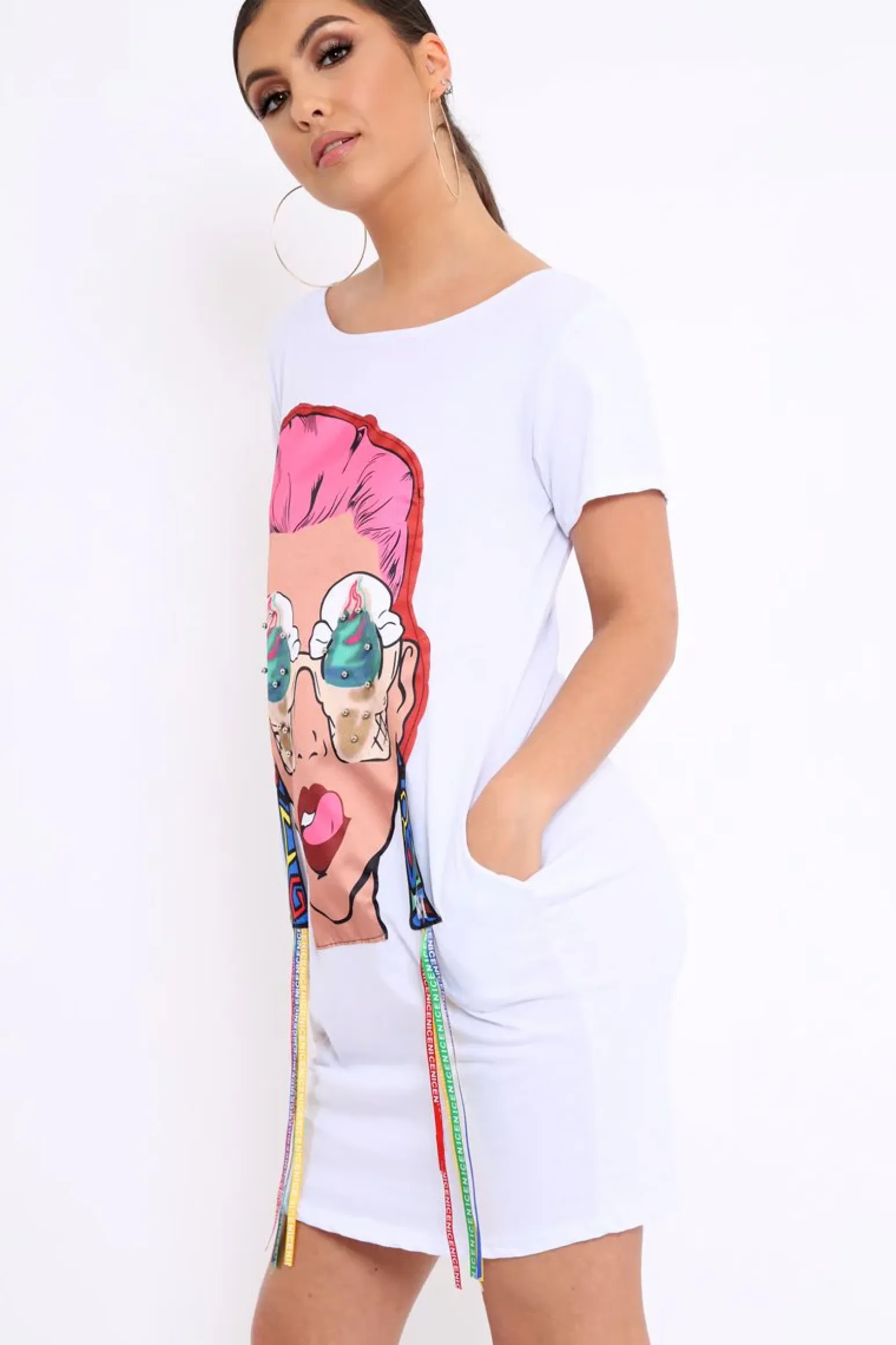 Rebellious Fashion White Crew Neck Girls Face T-shirt Dress with Tassels - Sway