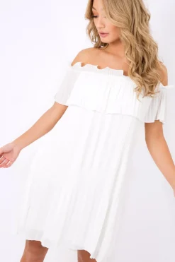 Rebellious Fashion White Crinkle Bardot Ruffle Trim Dress - Kelsey
