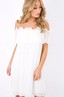 Rebellious Fashion White Crinkle Bardot Ruffle Trim Dress - Kelsey