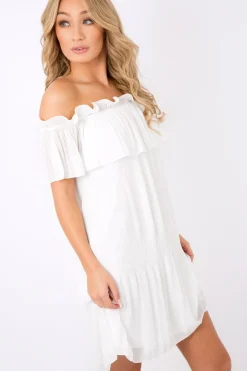 Rebellious Fashion White Crinkle Bardot Ruffle Trim Dress - Kelsey