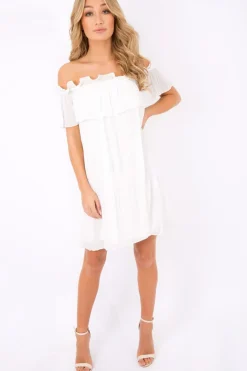 Rebellious Fashion White Crinkle Bardot Ruffle Trim Dress - Kelsey