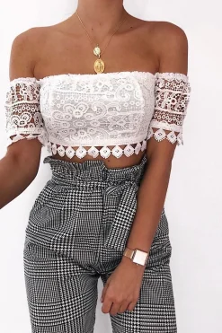 Rebellious Fashion White Crochet Bardot Cold Shoulder Crop Top - Aarshi