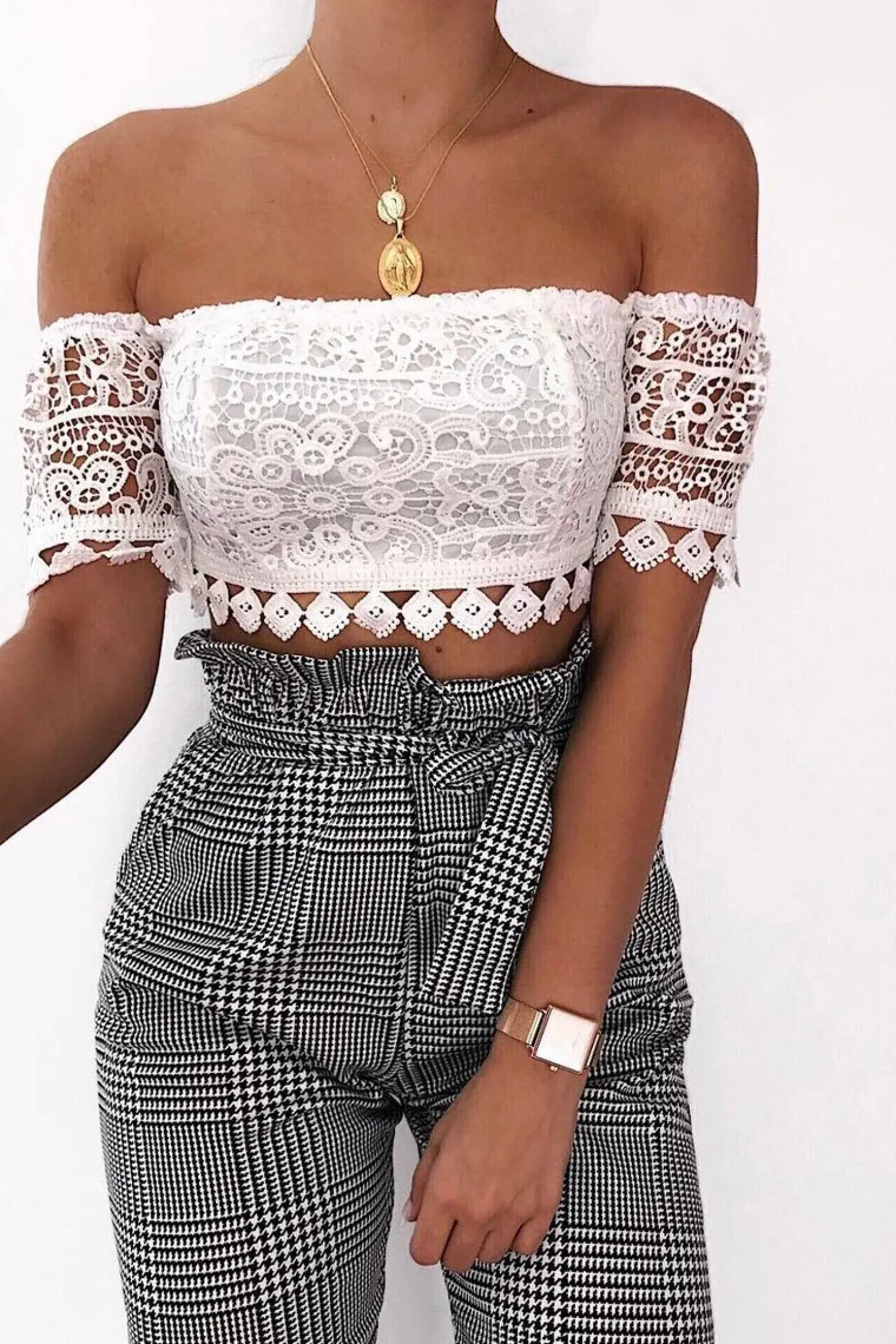 Rebellious Fashion White Crochet Bardot Cold Shoulder Crop Top - Aarshi