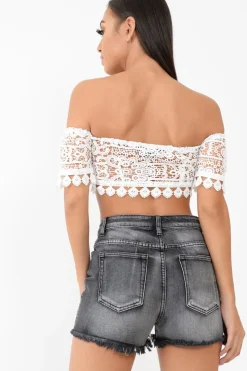 Rebellious Fashion White Crochet Bardot Cold Shoulder Crop Top - Aarshi