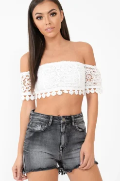 Rebellious Fashion White Crochet Bardot Cold Shoulder Crop Top - Aarshi