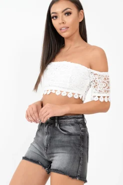 Rebellious Fashion White Crochet Bardot Cold Shoulder Crop Top - Aarshi