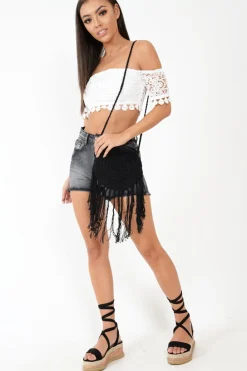 Rebellious Fashion White Crochet Bardot Cold Shoulder Crop Top - Aarshi