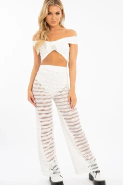 Rebellious Fashion White Crochet Bardot Top Trousers Co-ord - Ulla