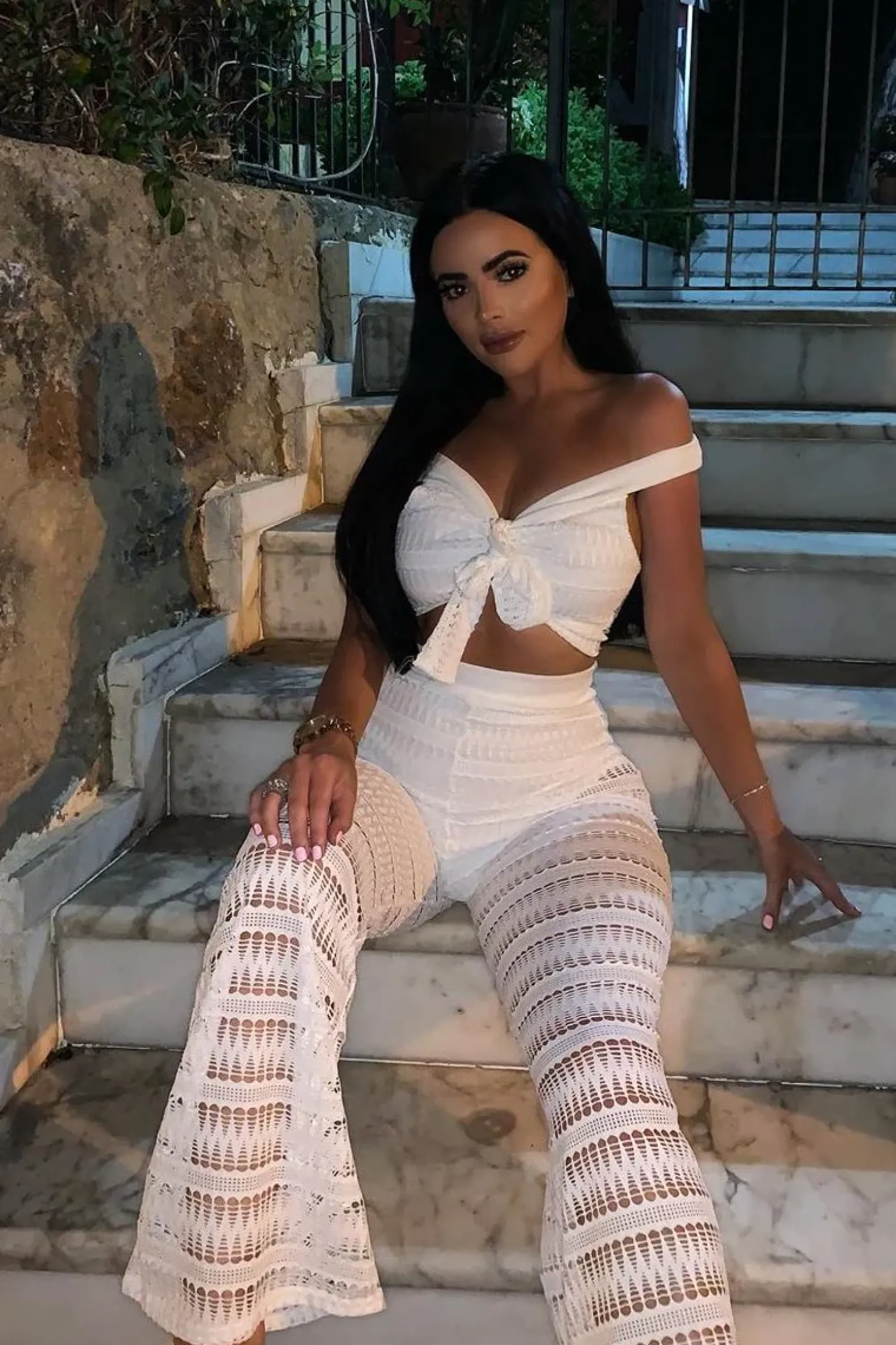 Rebellious Fashion White Crochet Bardot Top Trousers Co-ord - Ulla
