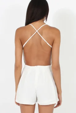 Rebellious Fashion White Crochet Cross Back Playsuit- Quinn