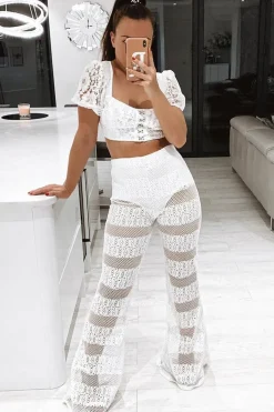 Rebellious Fashion White Crochet Knicker Flared Trousers - Epsie