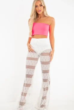 Rebellious Fashion White Crochet Knicker Flared Trousers - Epsie