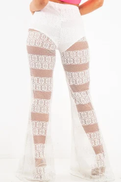 Rebellious Fashion White Crochet Knicker Flared Trousers - Epsie