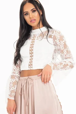 Rebellious Fashion White Crochet Lace Bell Sleeve Crop Top - Taylor