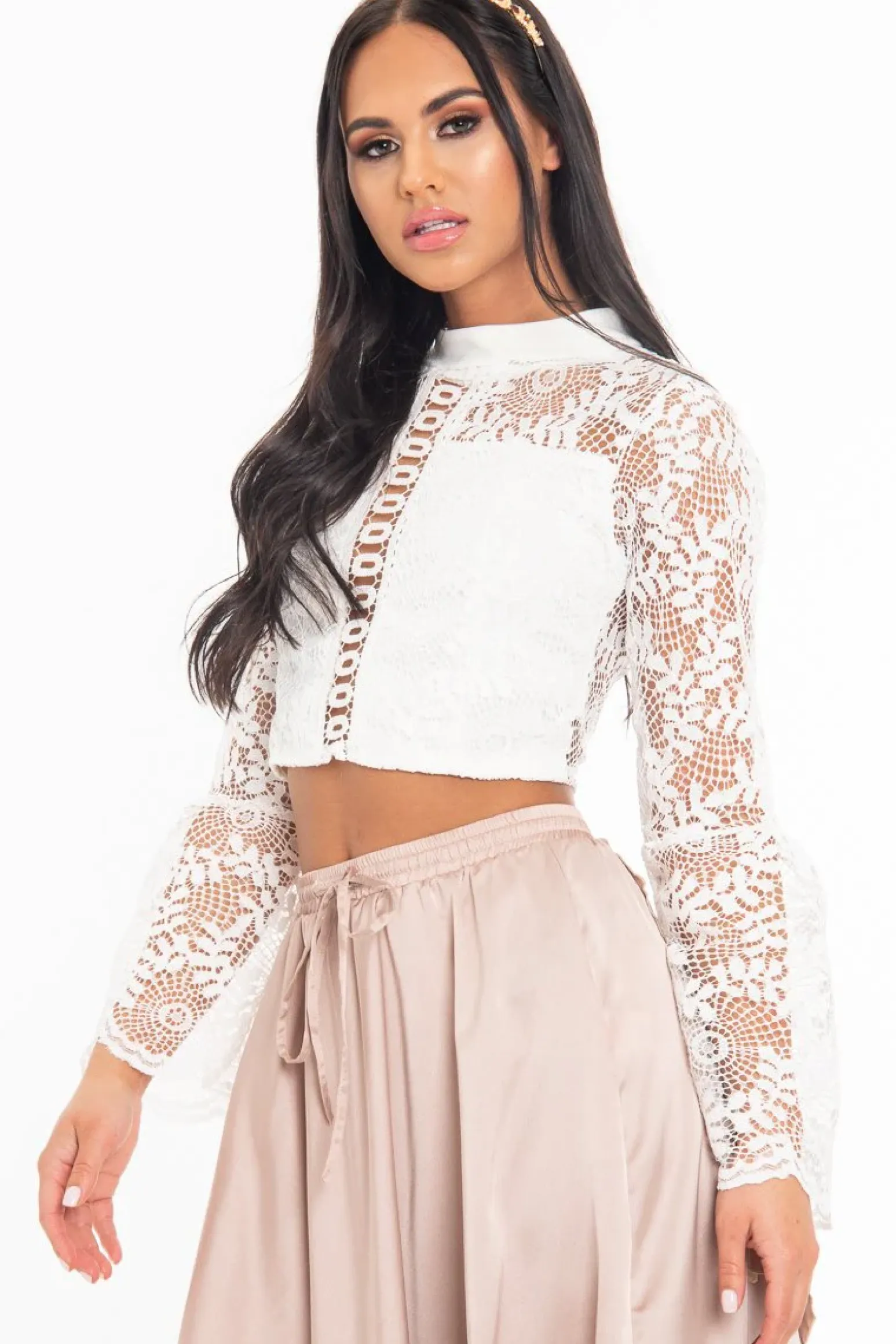 Rebellious Fashion White Crochet Lace Bell Sleeve Crop Top - Taylor