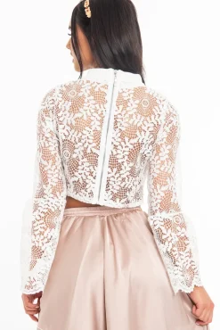 Rebellious Fashion White Crochet Lace Bell Sleeve Crop Top - Taylor
