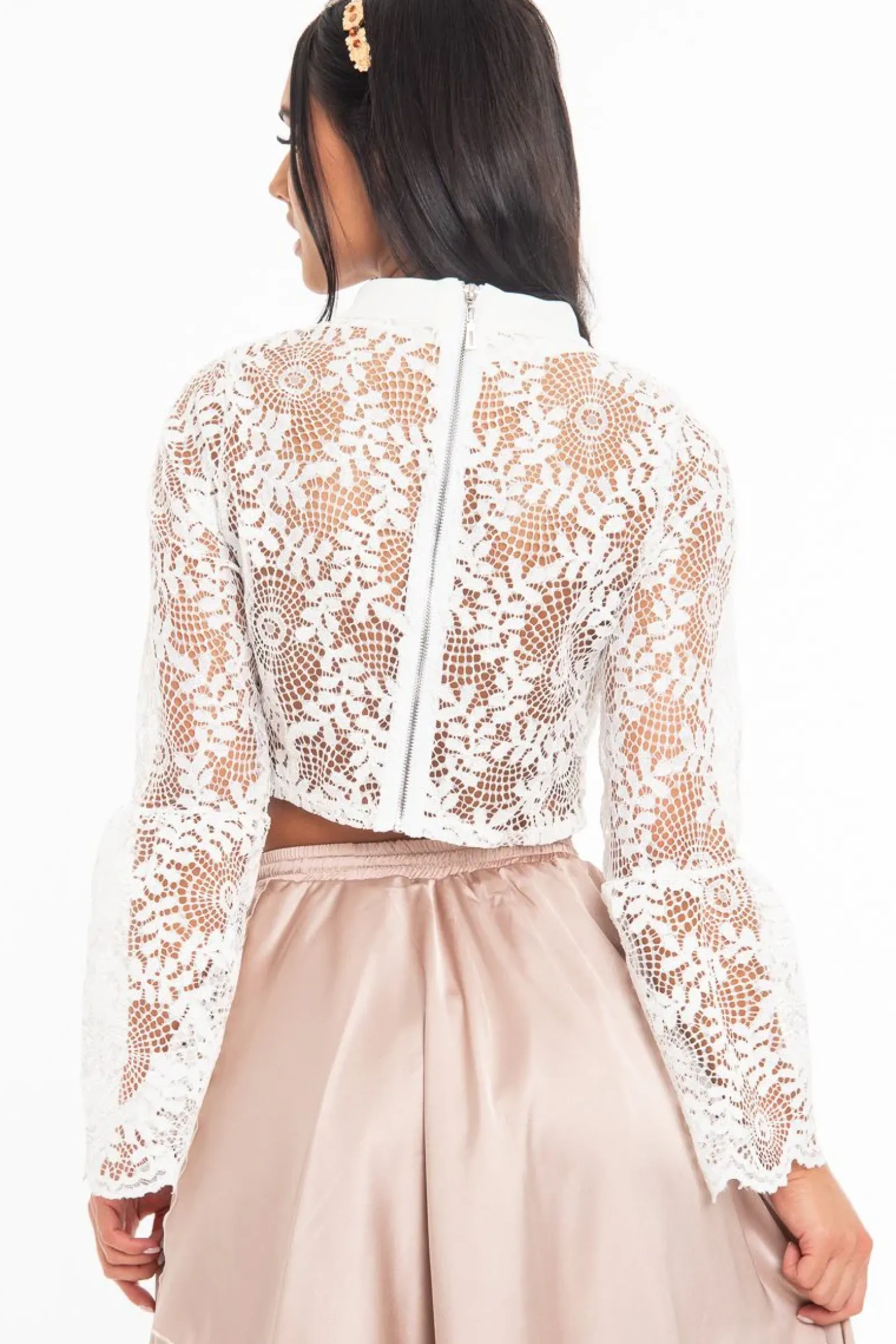 Rebellious Fashion White Crochet Lace Bell Sleeve Crop Top - Taylor