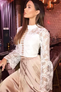 Rebellious Fashion White Crochet Lace Bell Sleeve Crop Top - Taylor