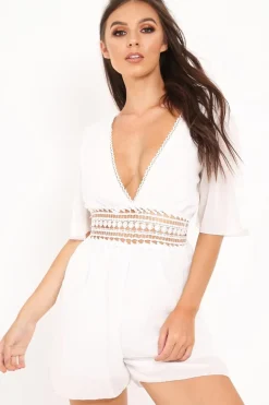 Rebellious Fashion White Crochet Plunge Playsuit -Moana
