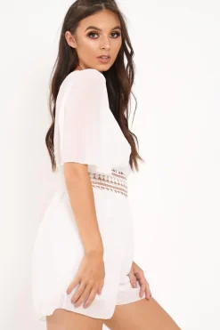 Rebellious Fashion White Crochet Plunge Playsuit -Moana