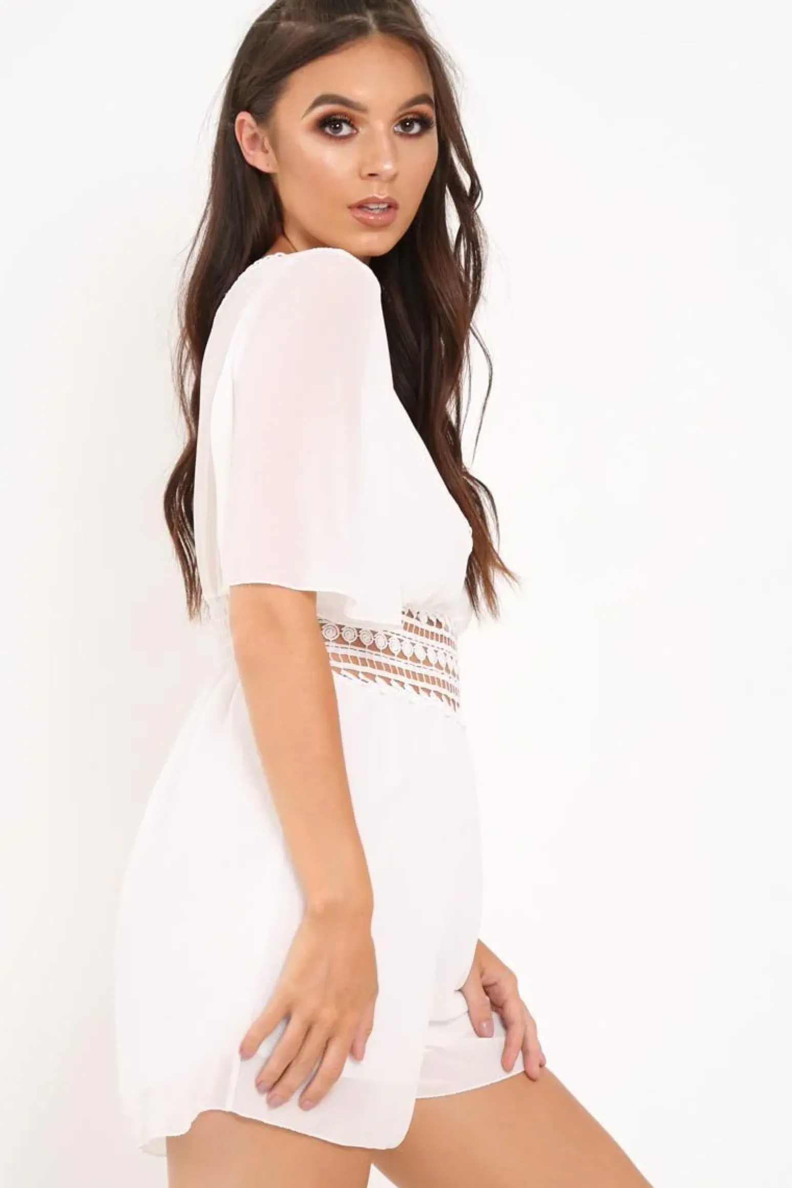 Rebellious Fashion White Crochet Plunge Playsuit -Moana