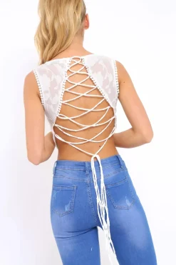 Rebellious Fashion White Crochet Trim Tie Back Crop Top - Amber