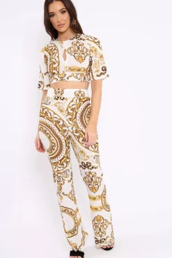 Rebellious Fashion White Cropped Scarf Print Co-Ord - Thresa