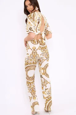 Rebellious Fashion White Cropped Scarf Print Co-Ord - Thresa