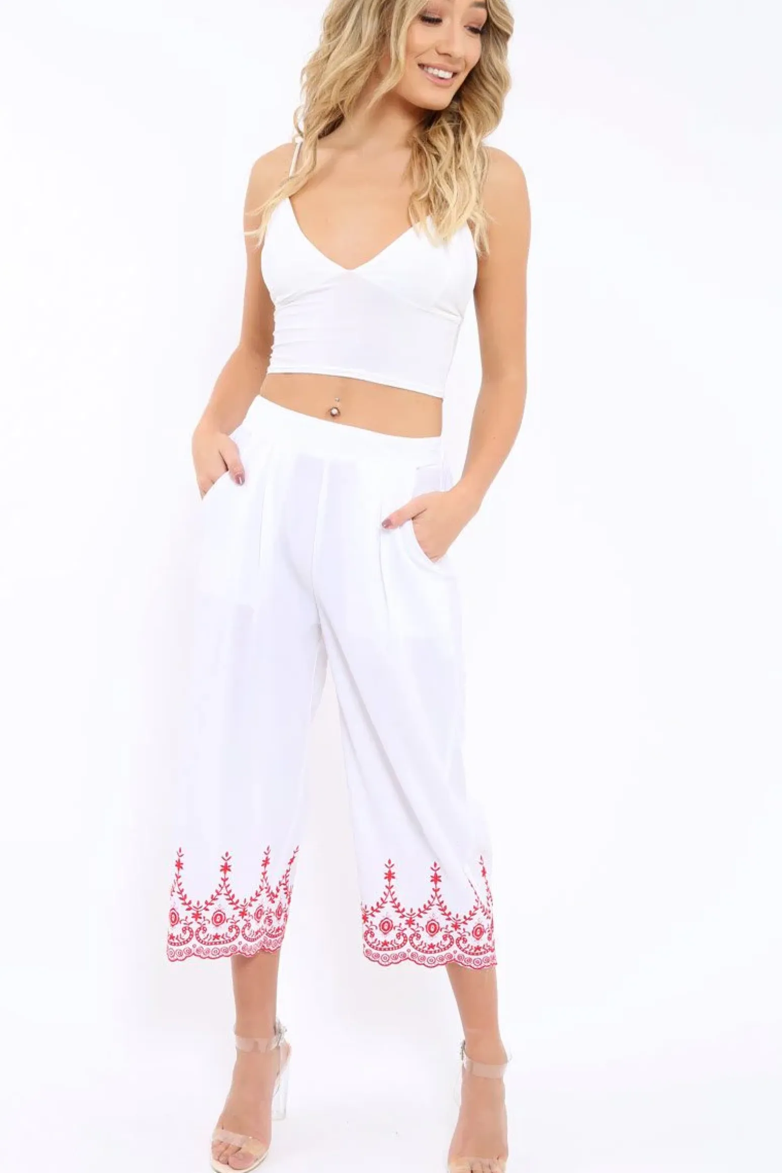 Rebellious Fashion White Cropped Wide Leg Trousers - Eliana