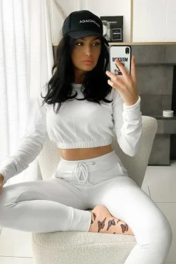 Rebellious Fashion White Crop Top and Slim Jogger Loungewear Co-ord Set - Suzy
