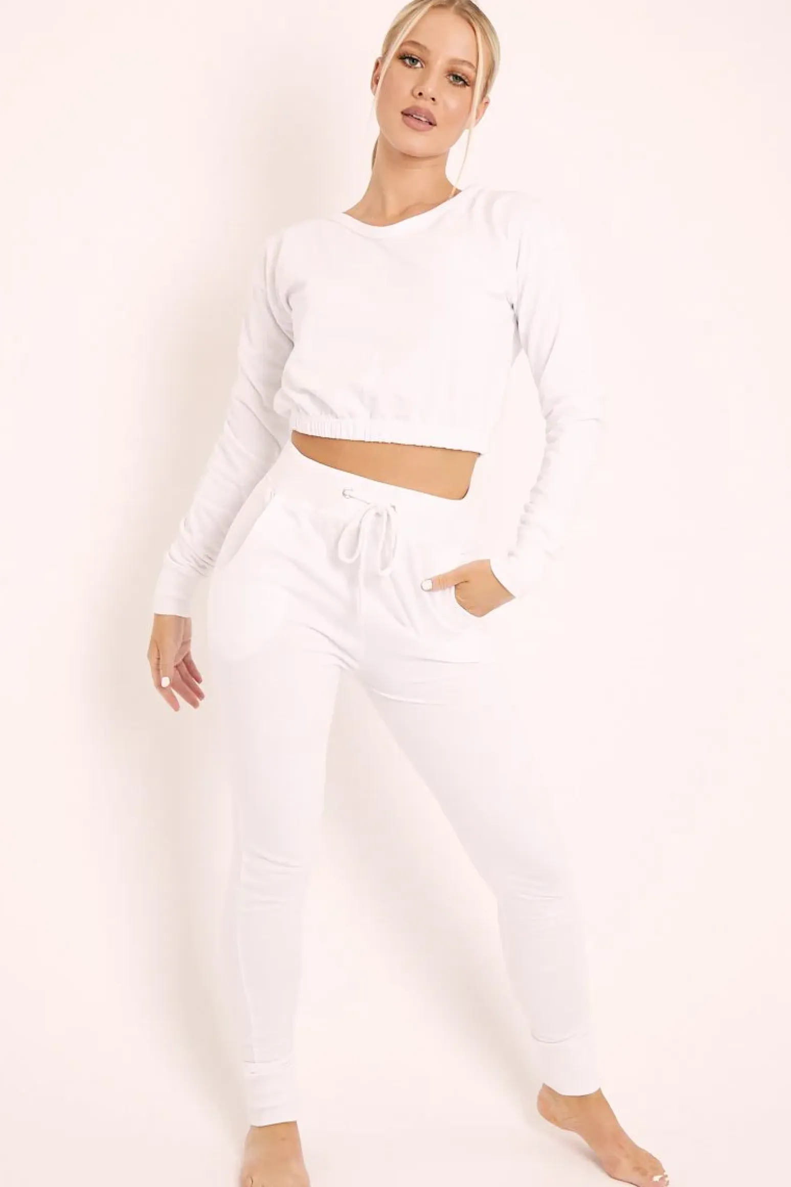 Rebellious Fashion White Crop Top and Slim Jogger Loungewear Co-ord Set - Suzy