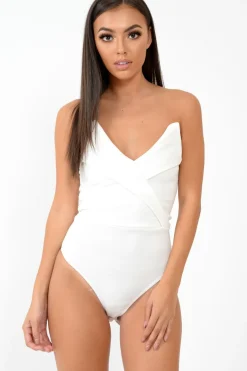 Rebellious Fashion White Cross Over Bardot Bodysuit - Sahari