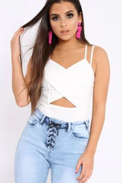Rebellious Fashion White Cross Over Cut Out Bodysuit - Safia