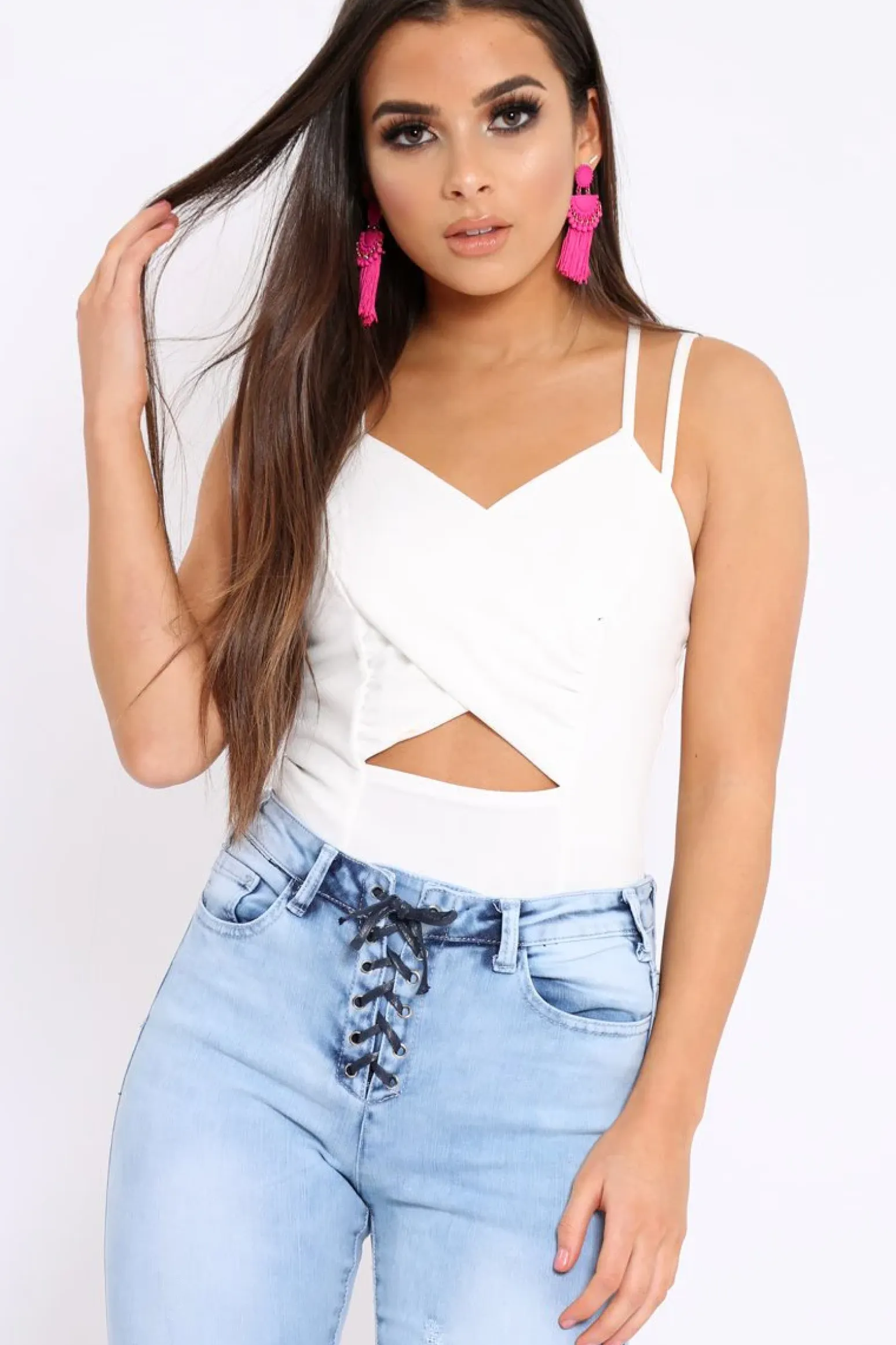 Rebellious Fashion White Cross Over Cut Out Bodysuit - Safia