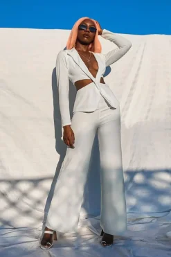 Rebellious Fashion White Cut Out Blazer Wide Leg Trouser Co-ord - Jalei