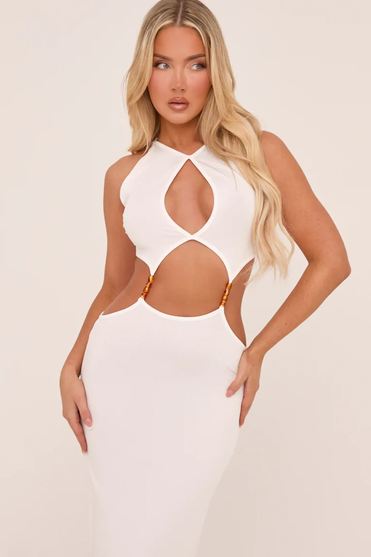 Rebellious Fashion White Cut Out Front Side Slit Maxi Dress - Oliva