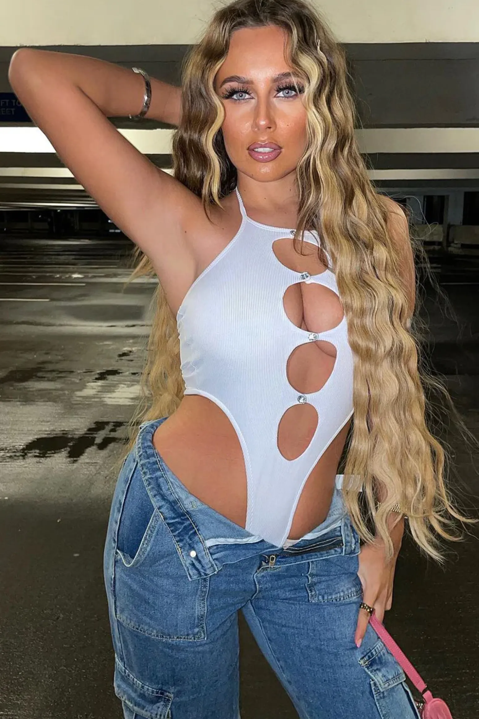 Rebellious Fashion White Cut Out Rib Knit Bodysuit - Elowen