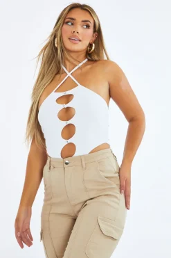 Rebellious Fashion White Cut Out Rib Knit Bodysuit - Elowen