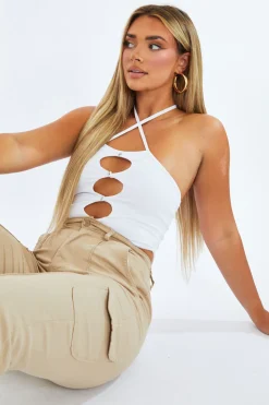 Rebellious Fashion White Cut Out Rib Knit Bodysuit - Elowen