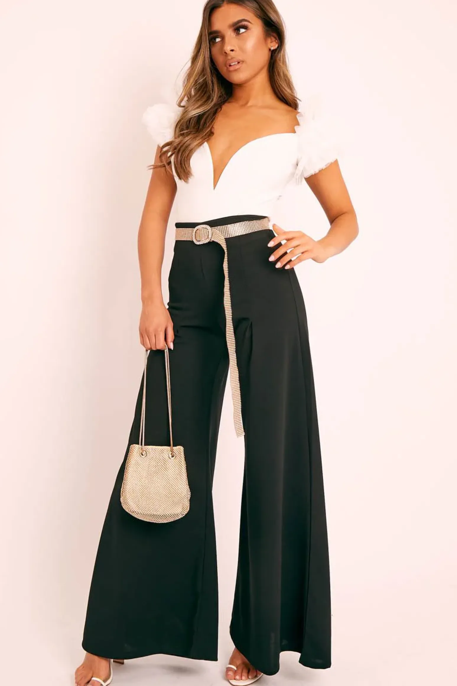 Rebellious Fashion White Deep Plunge Frill Shoulder Bodysuit - Danity