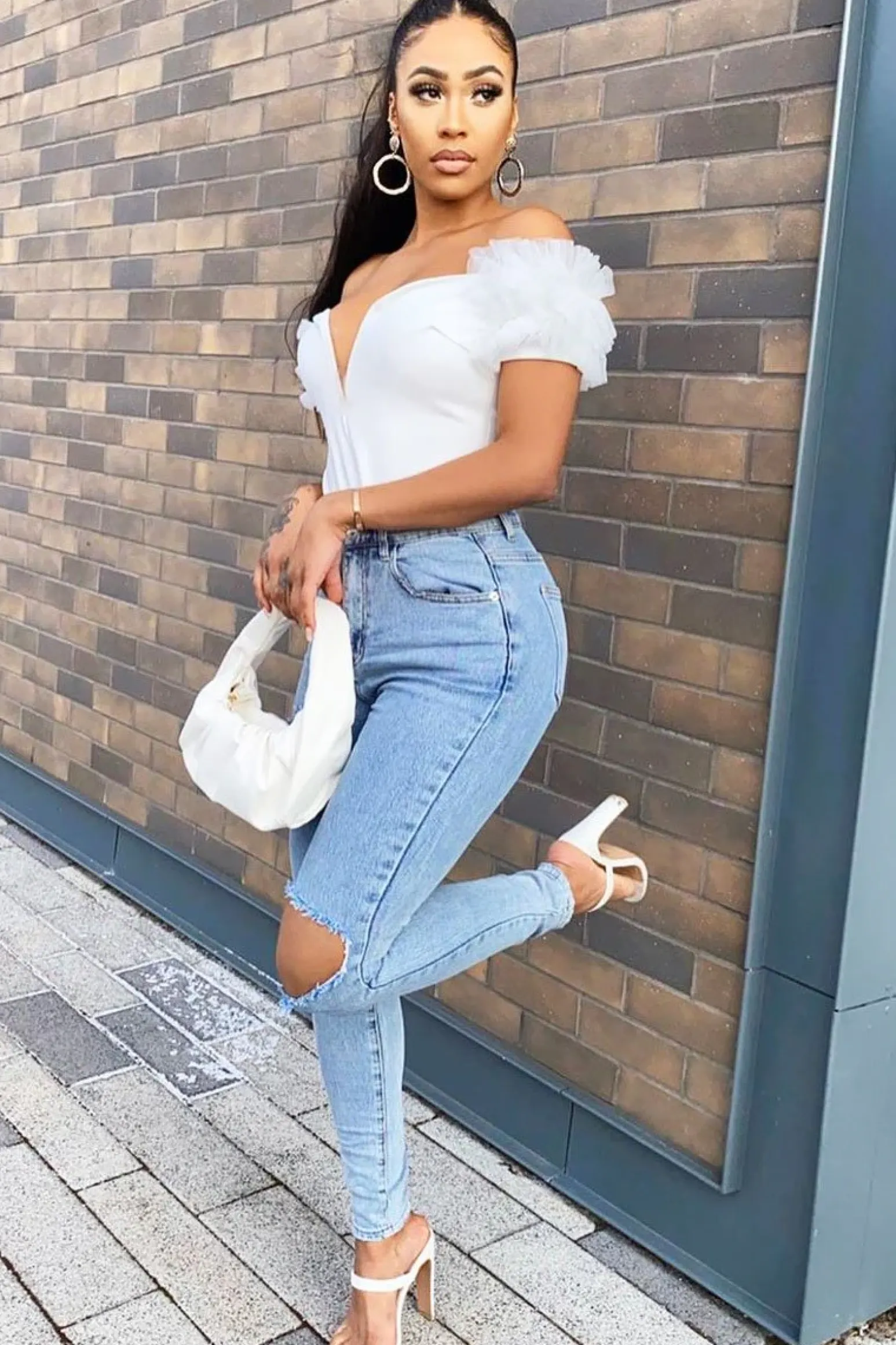 Rebellious Fashion White Deep Plunge Frill Shoulder Bodysuit - Danity